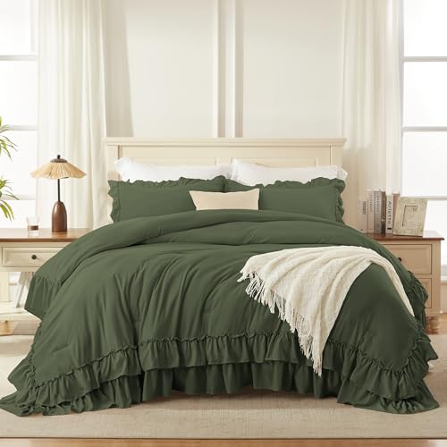 Olive Green Ruffle California King Comforter Set