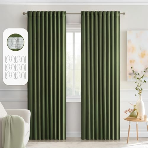 Olive Green Back Tab Blackout Curtains 52x90 Inch Long 2 Panels Set
