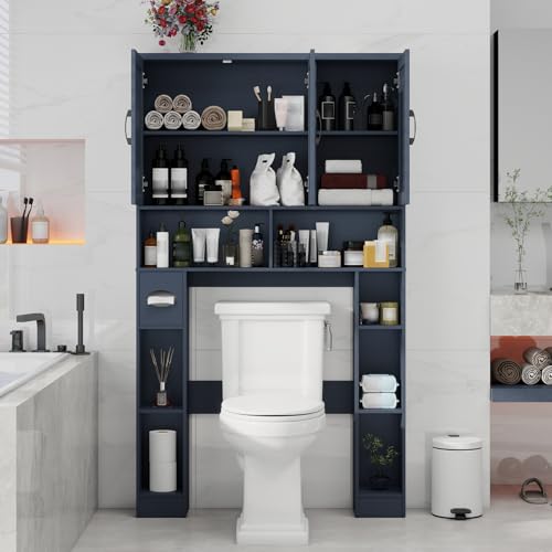 Over The Toilet Storage Cabinet with 3 Barn Doors.Blue