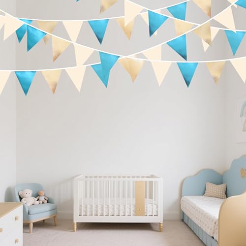Champagne Gold Sky Blue Beige Decorations Metallic Fabric Triangle Pennant Banner Bunting Flag Garland for Birthday Baby Shower Engagement Wedding Graduation Bridal Shower Party Decorations Supplies (36 Count)
