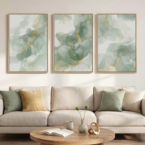 Large Framed Sage Green Abstract Wall Art for Living Room (3 Count)