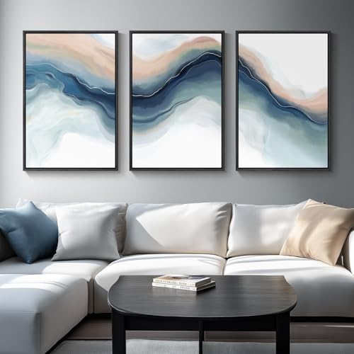 Large Framed Blue Abstract Landscape Wall Art for Living Room (3 Count)