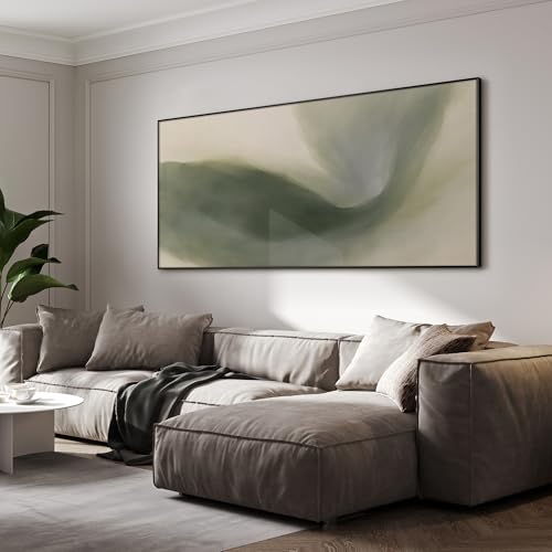 24"x46" Extra Large Framed Wall Art Abstract Green Swirl Soft Fluid Modern Illustration for Home Living Room Bedroom Decor
