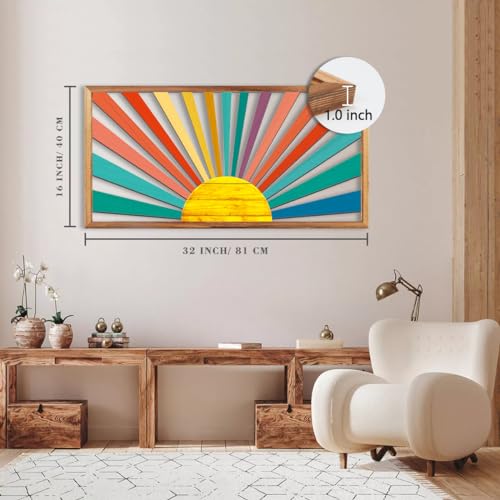 Large Boho Sun Wall Art Framed Wooden Art Wall Decor Colorful Rainbow Geometric Line Sunshine Artwork for Living Room Bedroom Office 16x32 Inch
