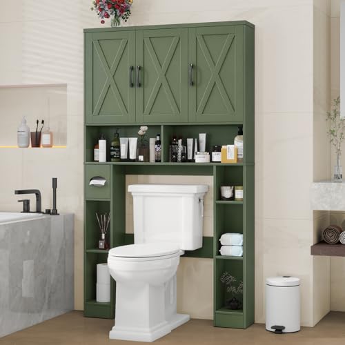 Over The Toilet Storage Cabinet with 3 Barn Doors.Green