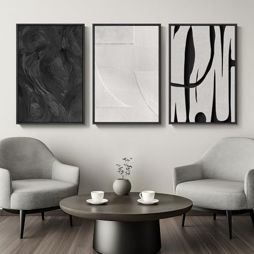 Large Framed Black and White Abstract Wall Art for Living Room Set of 3 (3 Count)