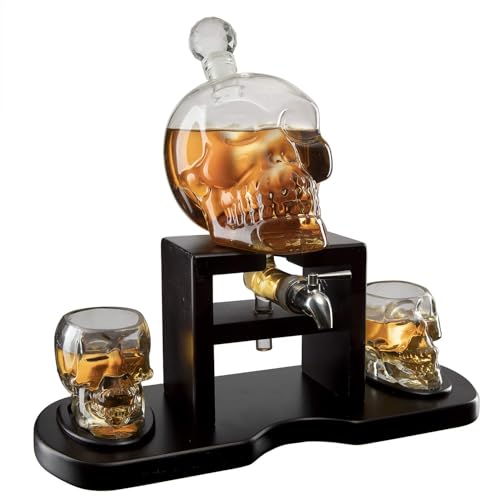 Skull Skeleton Wine & Whiskey Decanter Set 750mL with 2 Skull Shot Glasses 3oz (4 Count)