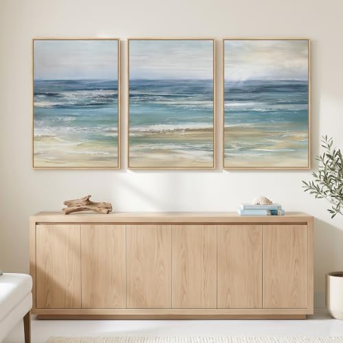 Large Framed Blue Coastal Landscape Wall Art for Living Room