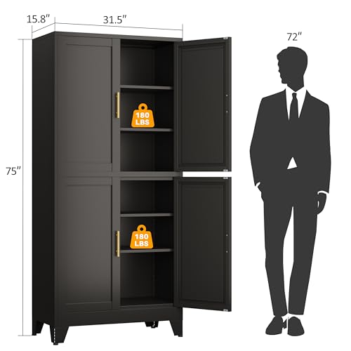 Black Metal Storage Cabinet with 4 Doors and 4 Adjustable Shelves
