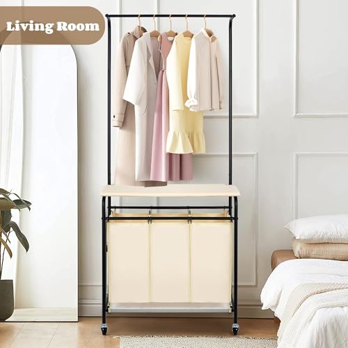 3 Section Laundry Sorter with Garment Hanging Bar Rack Foldable Ironing Board