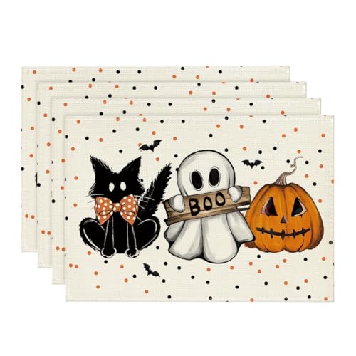 Beige Cat Ghost Halloween Placemats Set of 4 (4 Count)