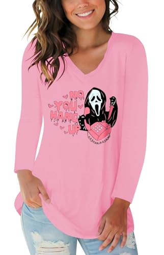 Halloween Funny Letter Print Shirts No You Hang Up Ghost Calling Horror Halloween Pink Long Sleeve T