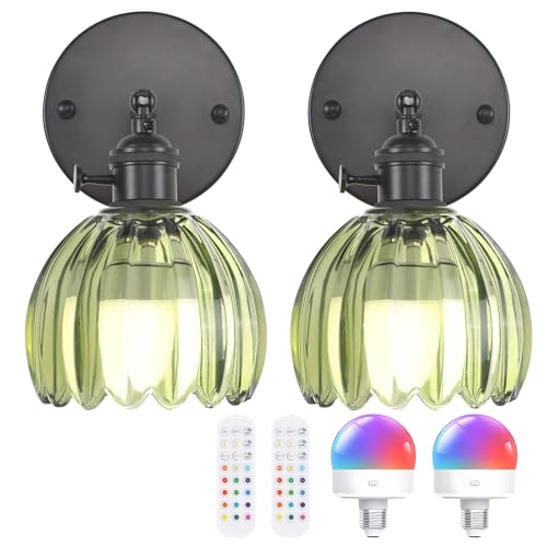 Vintage Battery Operated Wall Sconce with Green Tulip Glass Lampshade Rechargeable Battery Powered Black Wall Light with Remote Control for Bedside Bedroom Doorway (2 Count)