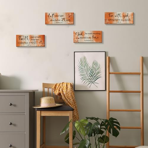 4 Pieces Orange Bathroom Decor Bible Verses Decor Wooden Orange Wall Decor Abstract Office Christian Wall Decor Religious Art for Women Office Home Bedroom Living Room Decor (4 Count)