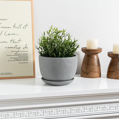 7 Inch Grey Ceramic Plant Pot with Drainage Hole and Attached Saucer