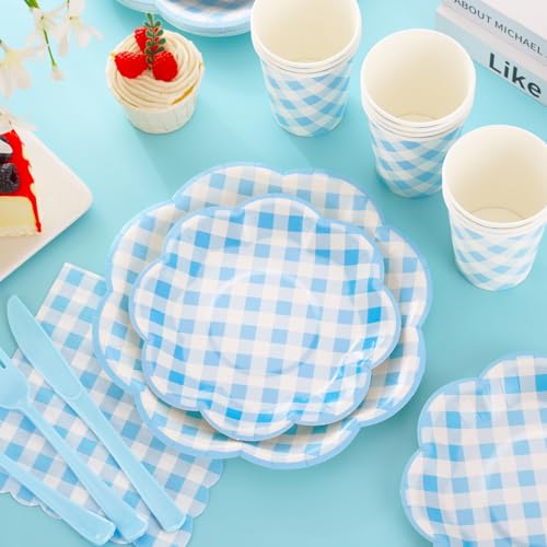 175 Pcs Blue Gingham Plates and Napkins Party Supplies