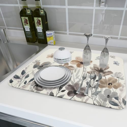 Floral Dish Drying Mat for Kitchen Counter Watercolor Cute Flower Super Absorbent Reversible Microfiber Kitchen Countertop Protector Dishes Pad Large 18x24 inch