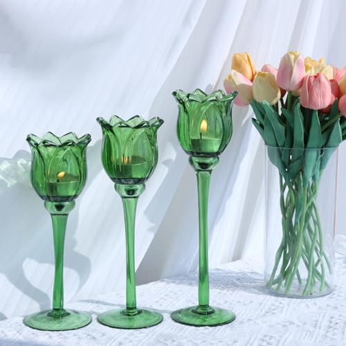 Green Glass Tulips Candle Holders Set of 3 (3 Count)