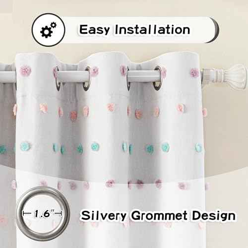 100% Blackout Curtains for Living Room 102 Inch White Curtains Extra Long Total Light Block Girls Room Drapes Thermal Insulated Room Darkening Rainbow Pom Pom Sheer Grommet 2 Pieces 50 Wide (2 Count)