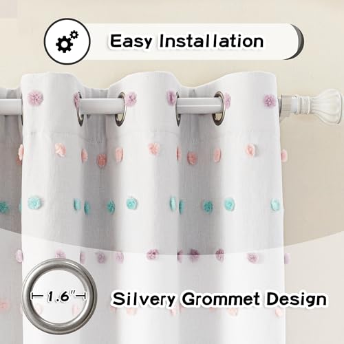 100% Blackout Curtains for Living Room 108 Inch Long Total Light Blocking Curtains for Sliding Glass Door Privacy Protect Grommet 2 Layered Drapes Rainbow Pom Pom Sheer 50 Wide (2 Count)