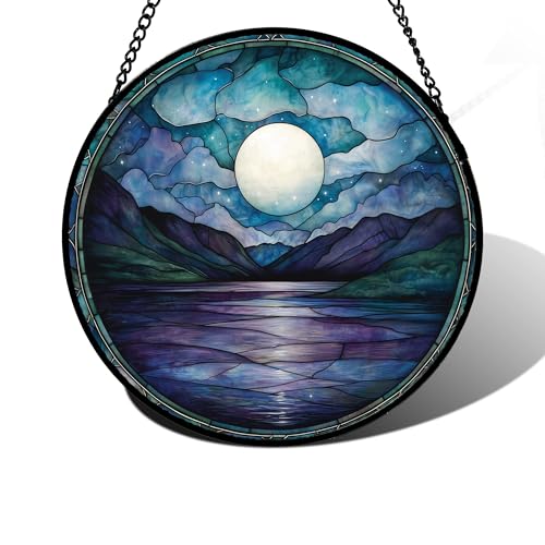 Blue Moon Lake Stained Glass Window Hanging Suncatcher Gift for Women 9.8"