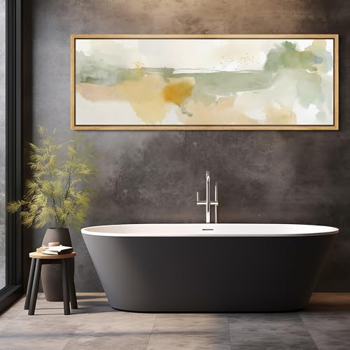Large Framed Canvas Print Wall Art Serene Watercolor Landscape in Green and Yellow Tones Antique Retro Fine Art Illustrations Decorative Colorful for Bedroom