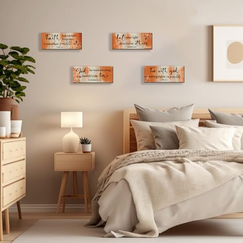 4 Pieces Orange Bathroom Decor Bible Verses Decor Wooden Orange Wall Decor Abstract Office Christian Wall Decor Religious Art for Women Office Home Bedroom Living Room Decor (4 Count)