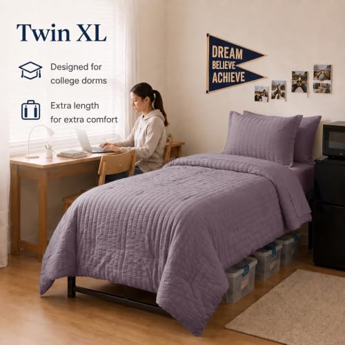 Twin XL Comforter Set 5 Pieces Dusty Purple Seersucker Bed in a Bag