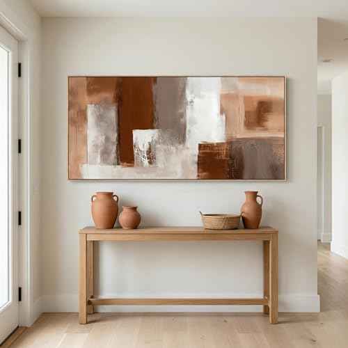 Large Abstract Wall Art 24x48 Inch Brown White Gray Framed Canvas Print Painting Modern Neutral Tone Artwork for Living Room Sofa Bedroom Waterproof & Fade Resistant Wood Frame Decor Ready to Hang