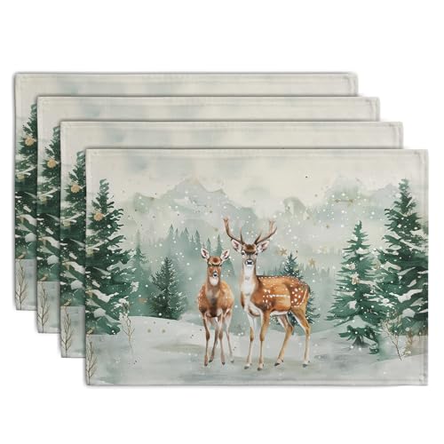 Christmas Watercolor Deer Trees Snowflakes Placemats Set of 4 Winter Rustic Nature Forest Linen Table Mat 12x18 Inch Seasonal Farmhouse Washable Place Mats for Dining Table Kitchen Xmas Decor (4 Count)