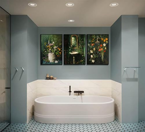 3Pcs Vintage Dark Green Bathroom Wall Art Shower Toilet Paper Roll Floral Poster Print Modern Farmhouse plants Painting Picture Wall Decor For Bathroom Living Room Decoration Unframed (3 Count)