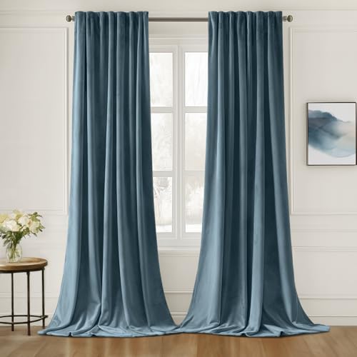 Stone Blue Velvet Pinch Pleat Blackout Curtains W52 X L96 Inches (2 Count)