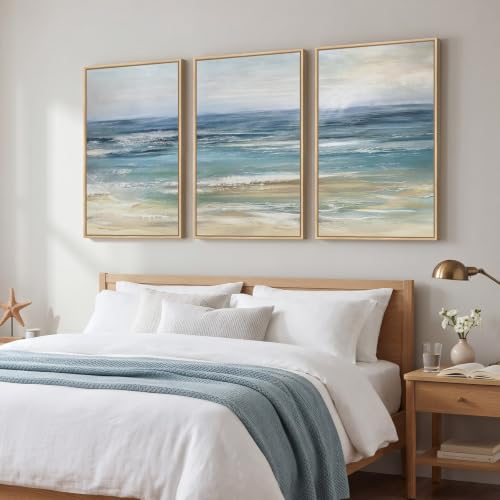 Large Framed Blue Coastal Landscape Wall Art for Living Room