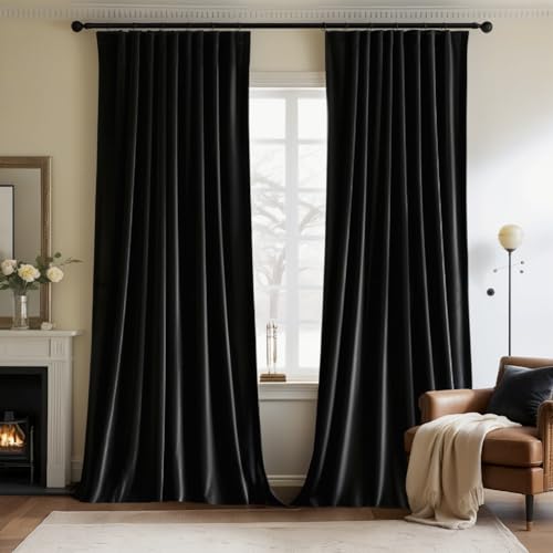 Black Velvet Pinch Pleat Blackout Curtains W52 X L90 Inches