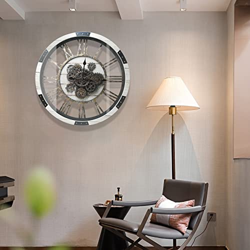 27" Large Real Moving Gears Wall Clock with Toughened Glass Cover Solid Wood Retro Metal Skeleton Oversized Vintage Steampunk Rustic Clock for Living Room Decor Home Farmhouse Kitchen