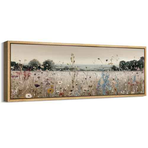 Large Framed Canvas Print Wall Art Wildflower Meadow Landscape Blooming Field Illustrations Antique Retro Fine Art Illustrations Decorative Colorful for Bedroom