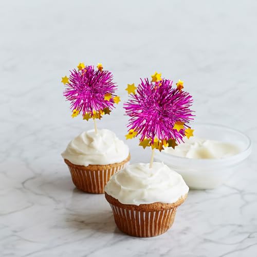 30Pcs Foil Firework Cupcake Toppers Party Birthday Cake Toppers Supplies Sparkle Tinsel Cocktail Fruit Toothpick for Birthday Wedding Graduation Party Purple (30 Count)