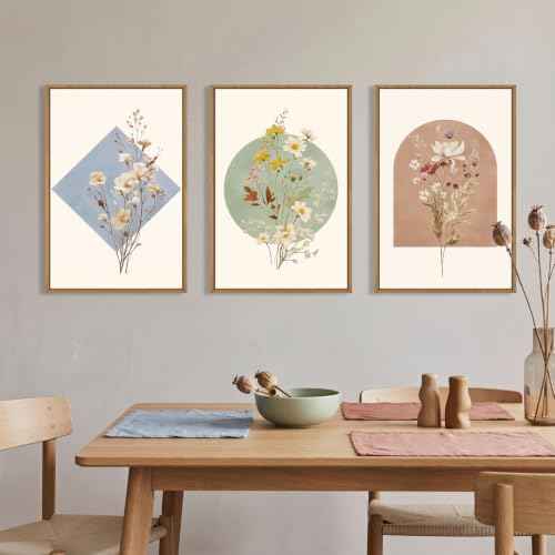 Boho Neutral Wildflower Framed Canvas Wall Art Set