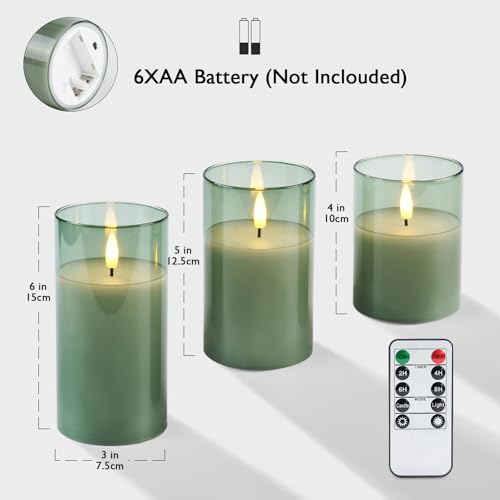 Green Glass Flameless LED Candles Battery Operated with Remote Timer (3 Count)