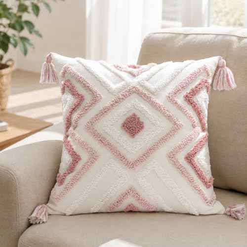 Boho Pillow Covers 18X18 Inch Boho Tufted Throw Pillow Covers Decorative Tassels Cushion Cover Farmhouse Pillow Case for Couch Sofa Bed Living Room Bedroom