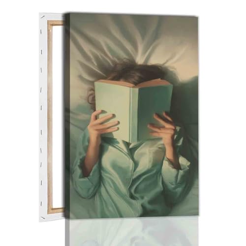Emerald Green Reading Woman Wall Art Minimalist Abstract Portrait 16x24inch framed