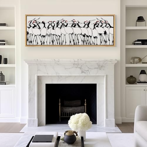 Large Framed Canvas Print Wall Art Minimalist Crane Flock Japanese Ink Style Bird Illustrations Decorative Colorful Multicolor for Bedroom
