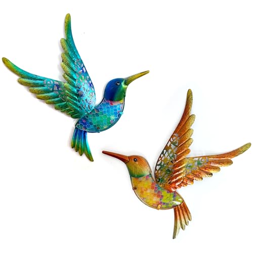 Metal Hummingbird Wall Art 12inch Metal Birds Wall Sculpture Garden Decoration Outdoor Statue Patio Fence Hanging Plaques 2 Pack（Multicolor） (2 Count)