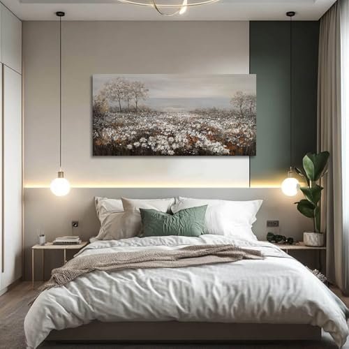 Farmhouse Decor Tree and Ocean Wall Art White Flowers Vintage Artwork 24"x48" Grey Pictures Wall Decor for Dining Room Bedroom Office