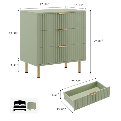 Fluted Green 3 Drawer Dresser for Bedroom with Deep Drawers