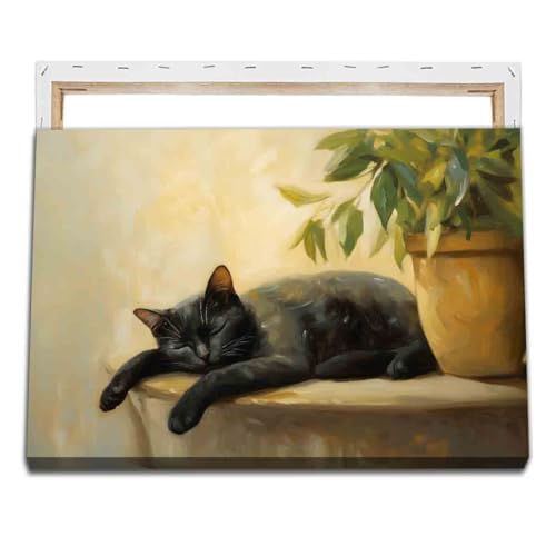 Black Cat Poster Lovely Cat Sleeping Picture Retro Plant Wall Art Still Life Painting Vintage Vase Canvas Animal Artwork Plant Living Room Decor 16x24inch Framed