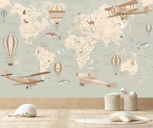Vintage Animal Wallpaper Cartoon Aircraft Map wall murals for Kids Room 114"x74"