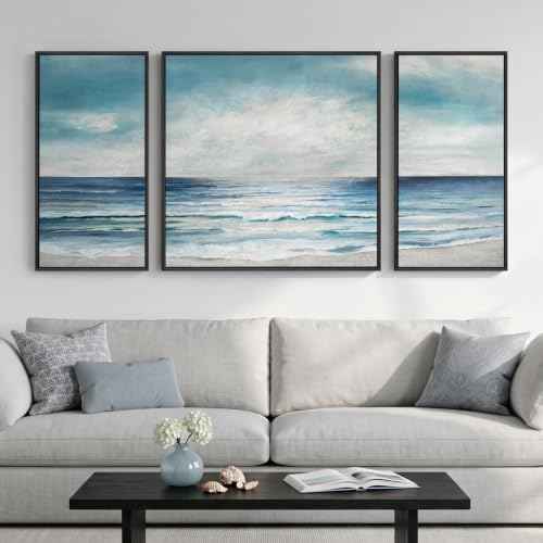 Extra Large Framed Blue White Coastal Wall Art for Living Room (3 Count)