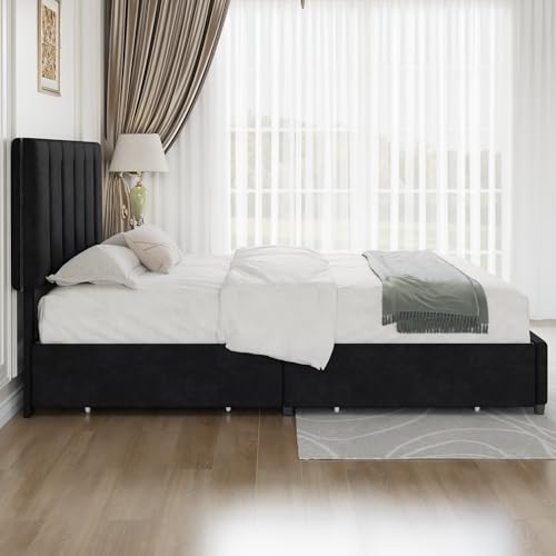 Full Size Bed Frame with 4 Storage Drawers