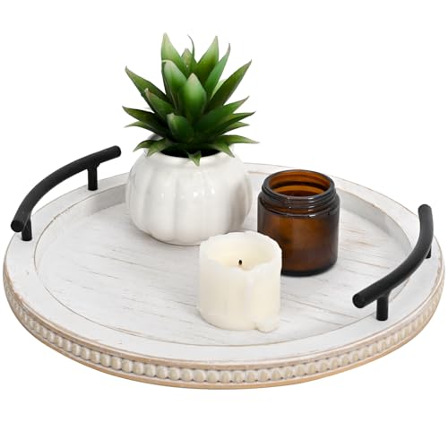 White Wooden Beaded Serving Tray with Handle Decorative Rustic Whitewashed Tray for Coffee Table Farmhouse Round Tray for Kitchen